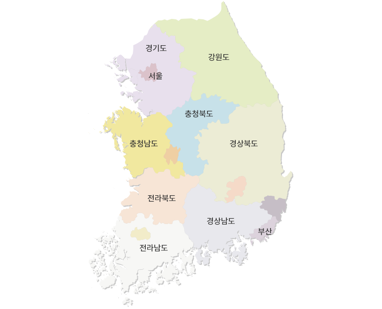 본교 협약기관을 나타내는 지도 - 서울, 경기도, 강원도, 충청남도, 충청북도, 경상북도, 전라북도, 전라남도, 경상남도, 부산