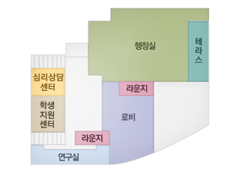 라운지, 행정실, 연구실, 심리상담센터, 학생지원센터, 학생처, 로비, 테라스