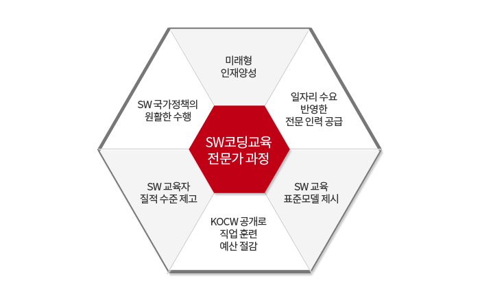 SW코딩교육전문가 과정으로는 미래형인재양성, 일자리 수요 반영한 전문 인력 공급, SW 교육 표준모델 제시, KOCW 공개로 직업 훈련 예산 절감, SW교육자 질적 수준 제고, SW국가정책의 원활한 수행으로 구성되어있다. SW(소프트웨어) 코딩 교육 전문가 과정